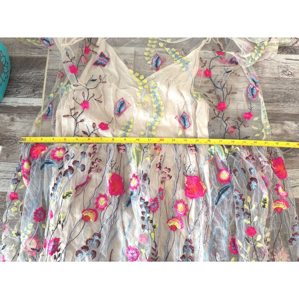 Free People Floral Embroidered Mini Dress XS Oversized Tulle Sheer Festival Boho - Picture 9 of 12